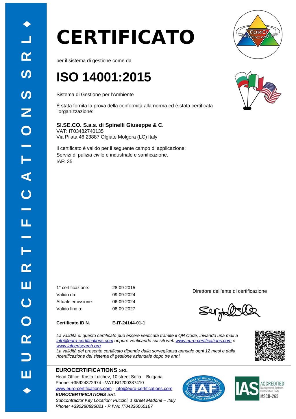 SI.SE.CO. Pulizie - Certificate ISO 14001:2015